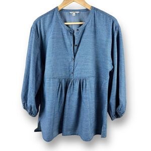 Lucky Brand S Long Sleeve Babydoll Peasant Top Blouse Blue Pinstripe Cottagecore